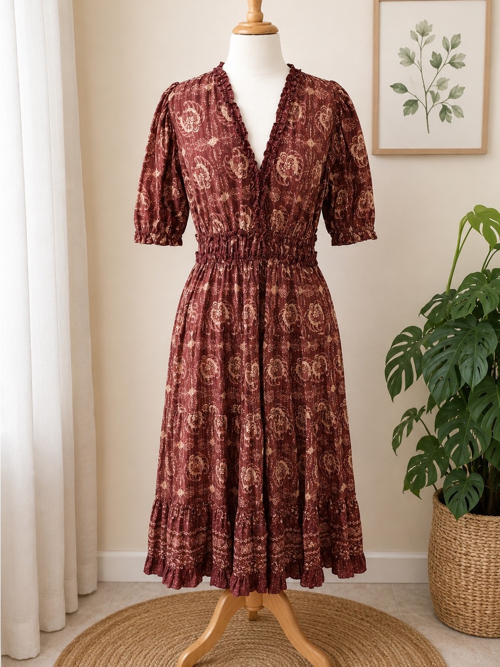 Ulla Johnson Burgundy Paisley Tiered Midi Dress Size 12